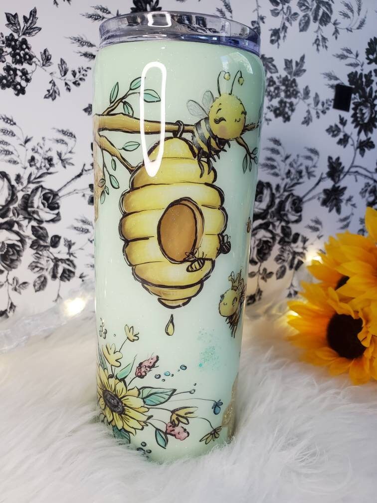 Custom Glitter Peekaboo Bee And Honeycomb Handmade Epoxy Tumbler