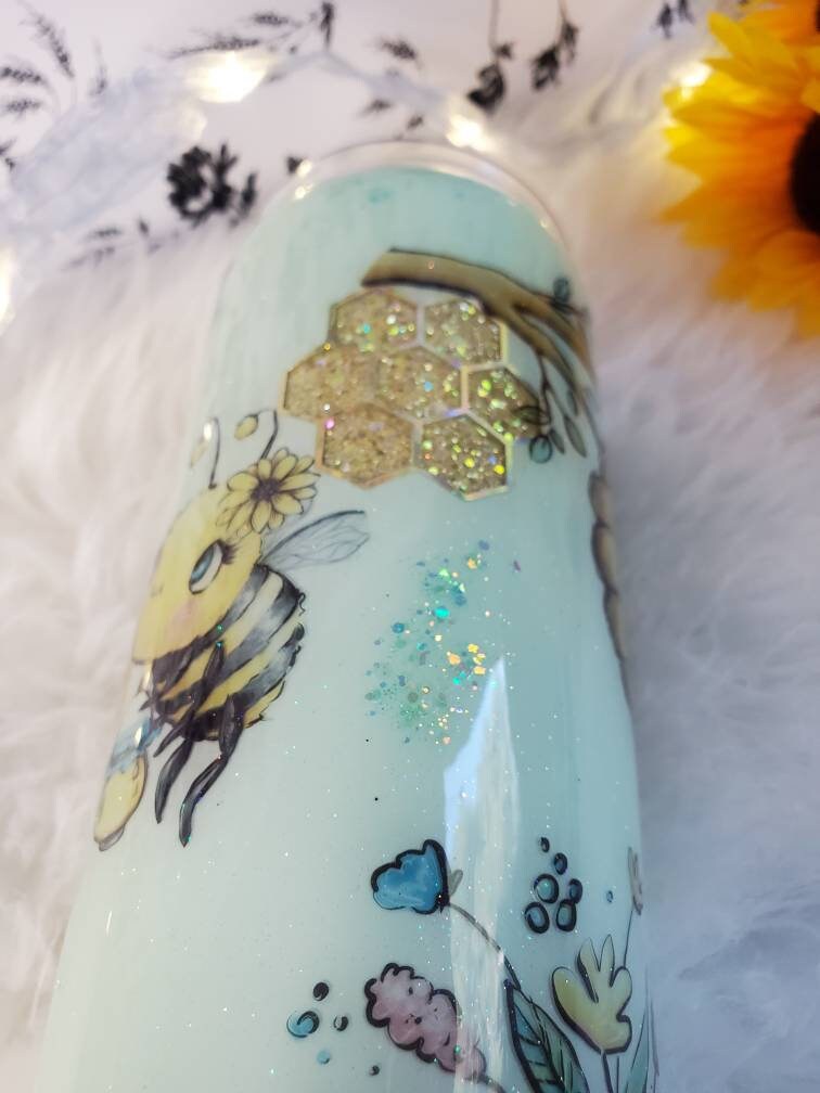 Custom Glitter Peekaboo Bee And Honeycomb Handmade Epoxy Tumbler