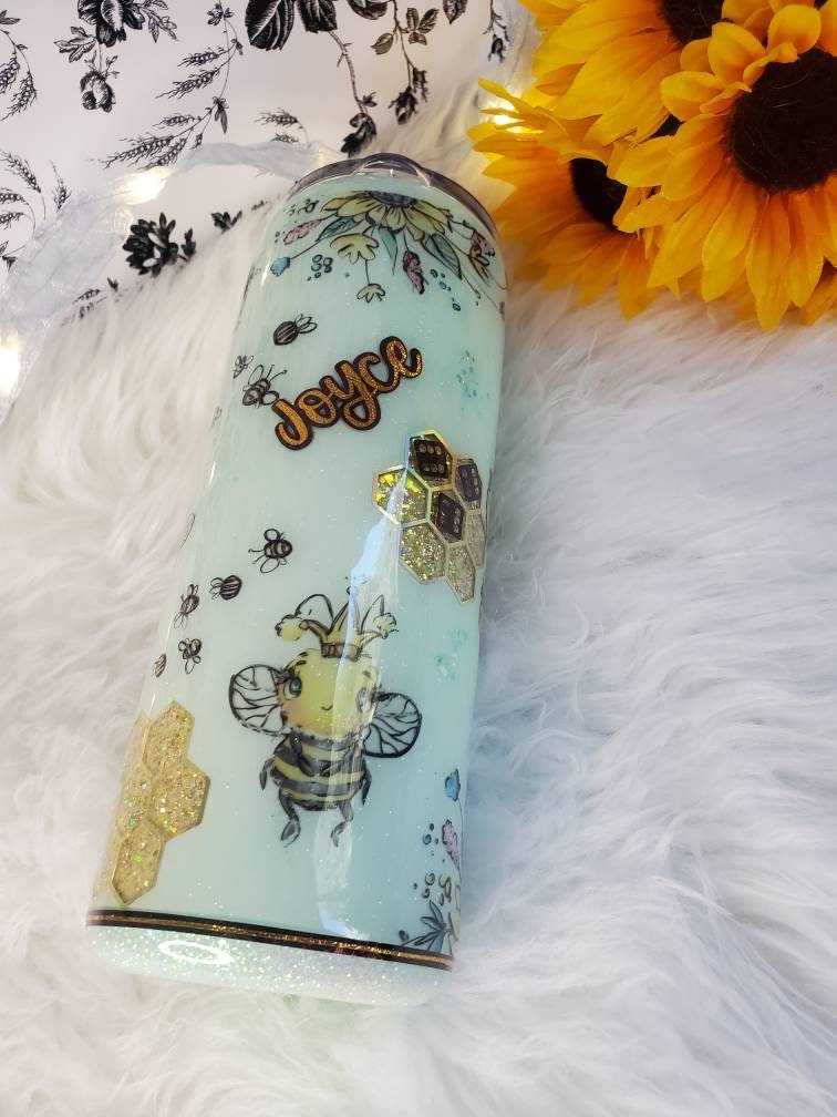Custom Glitter Peekaboo Bee And Honeycomb Handmade Epoxy Tumbler