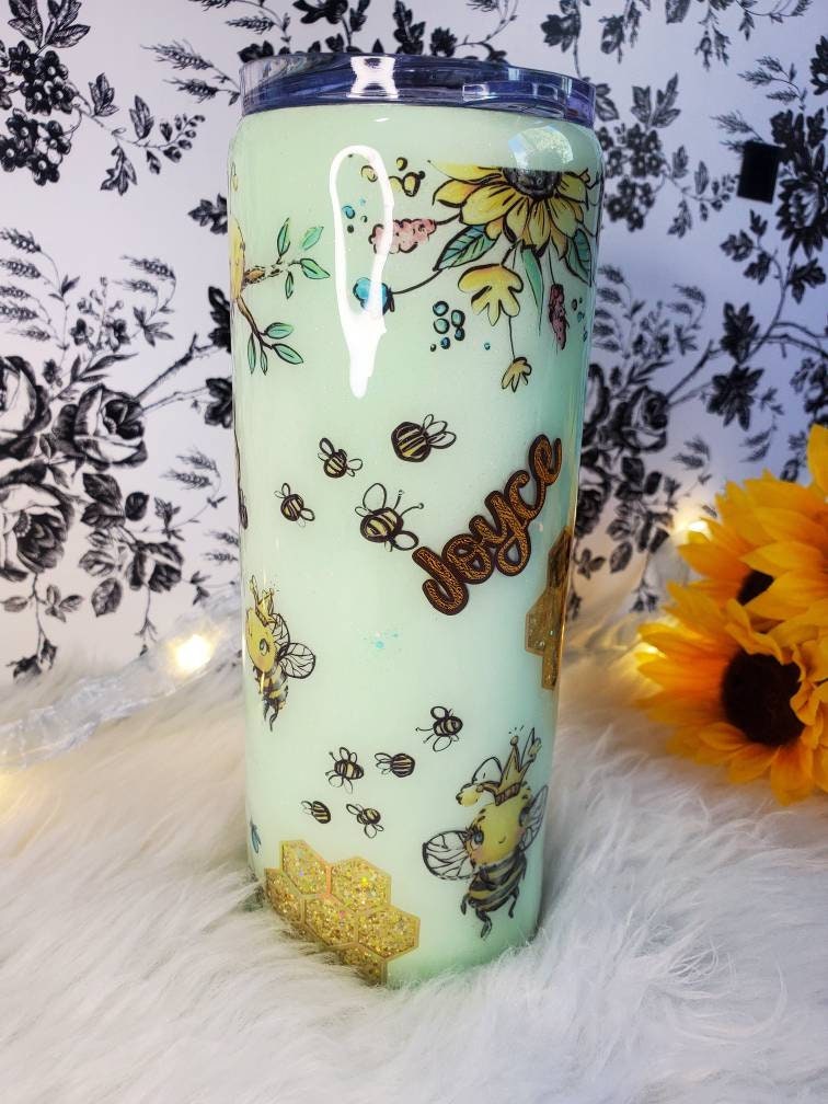 Custom Glitter Peekaboo Bee And Honeycomb Handmade Epoxy Tumbler