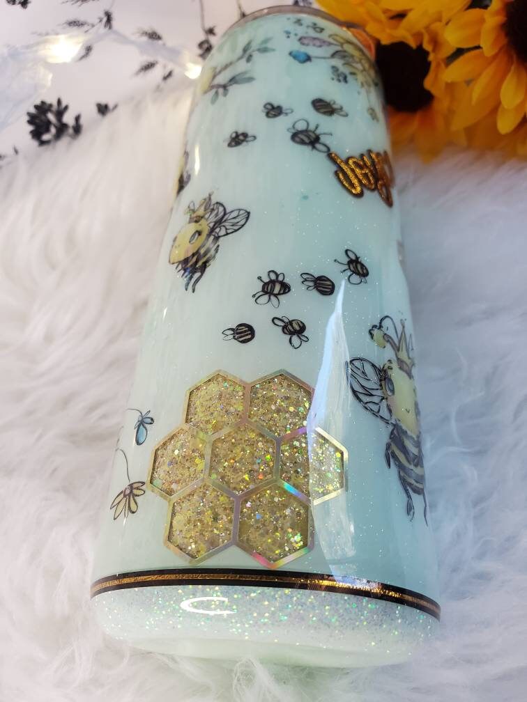 Custom Glitter Peekaboo Bee And Honeycomb Handmade Epoxy Tumbler