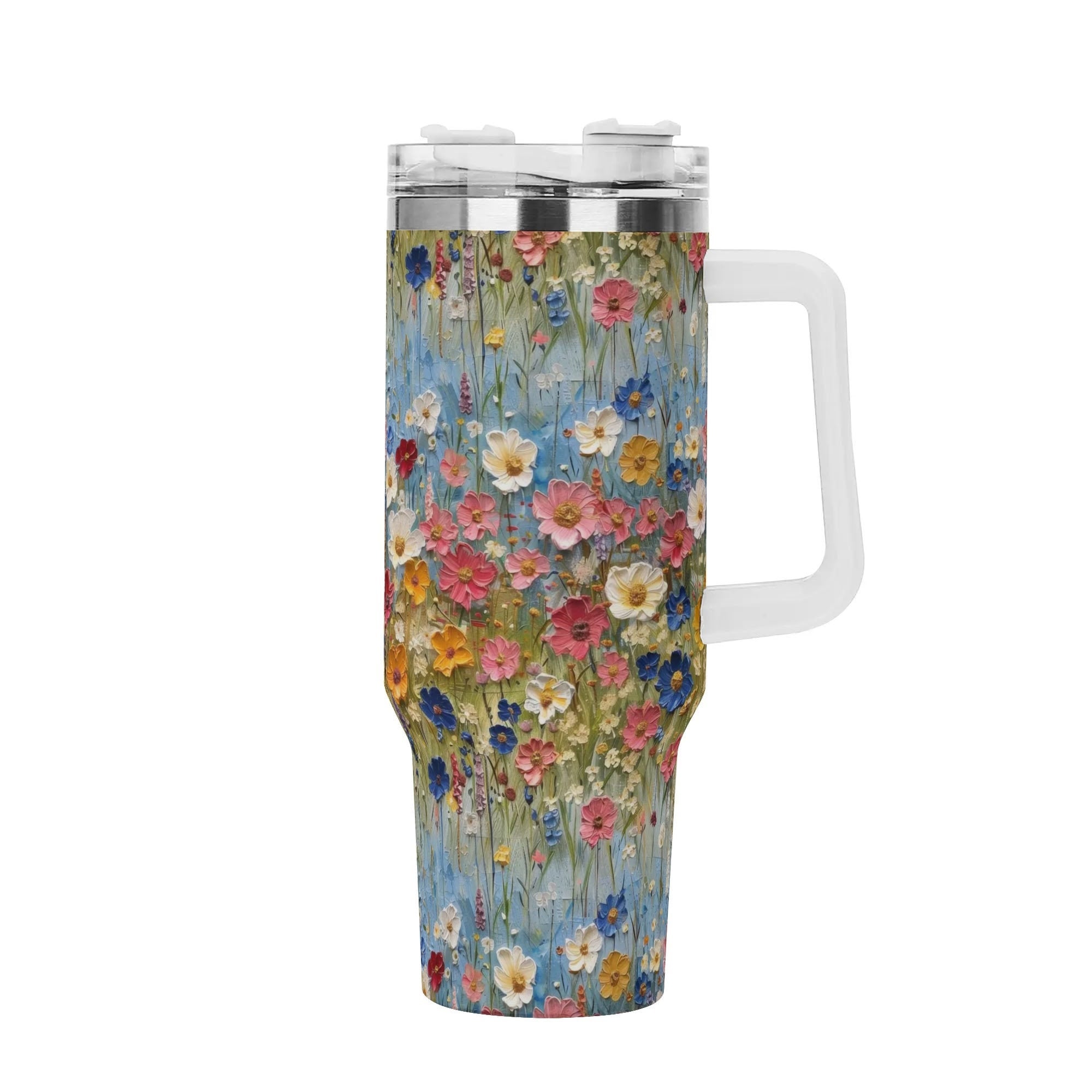 Wildflowers 40oz Stainless Steel Tumbler With Handle Lid And Straw, Cottagecore Floral Drink Cup, Travel Tumbler, Fun Tumbler Gift
