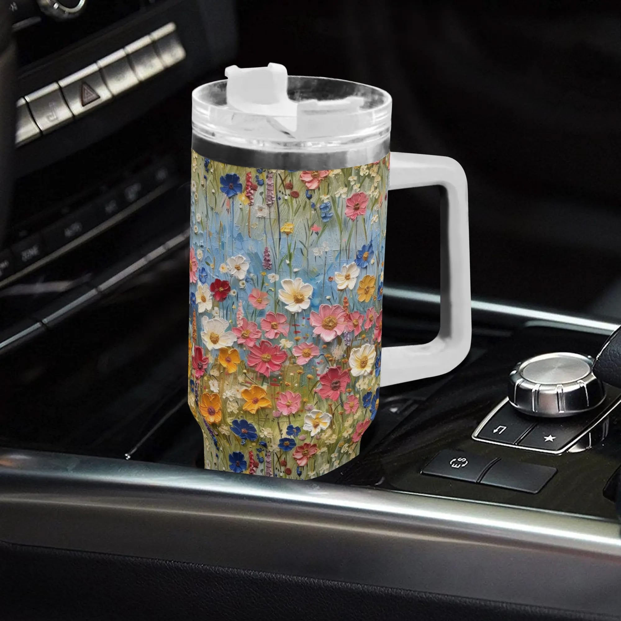 Wildflowers 40oz Stainless Steel Tumbler With Handle Lid And Straw, Cottagecore Floral Drink Cup, Travel Tumbler, Fun Tumbler Gift
