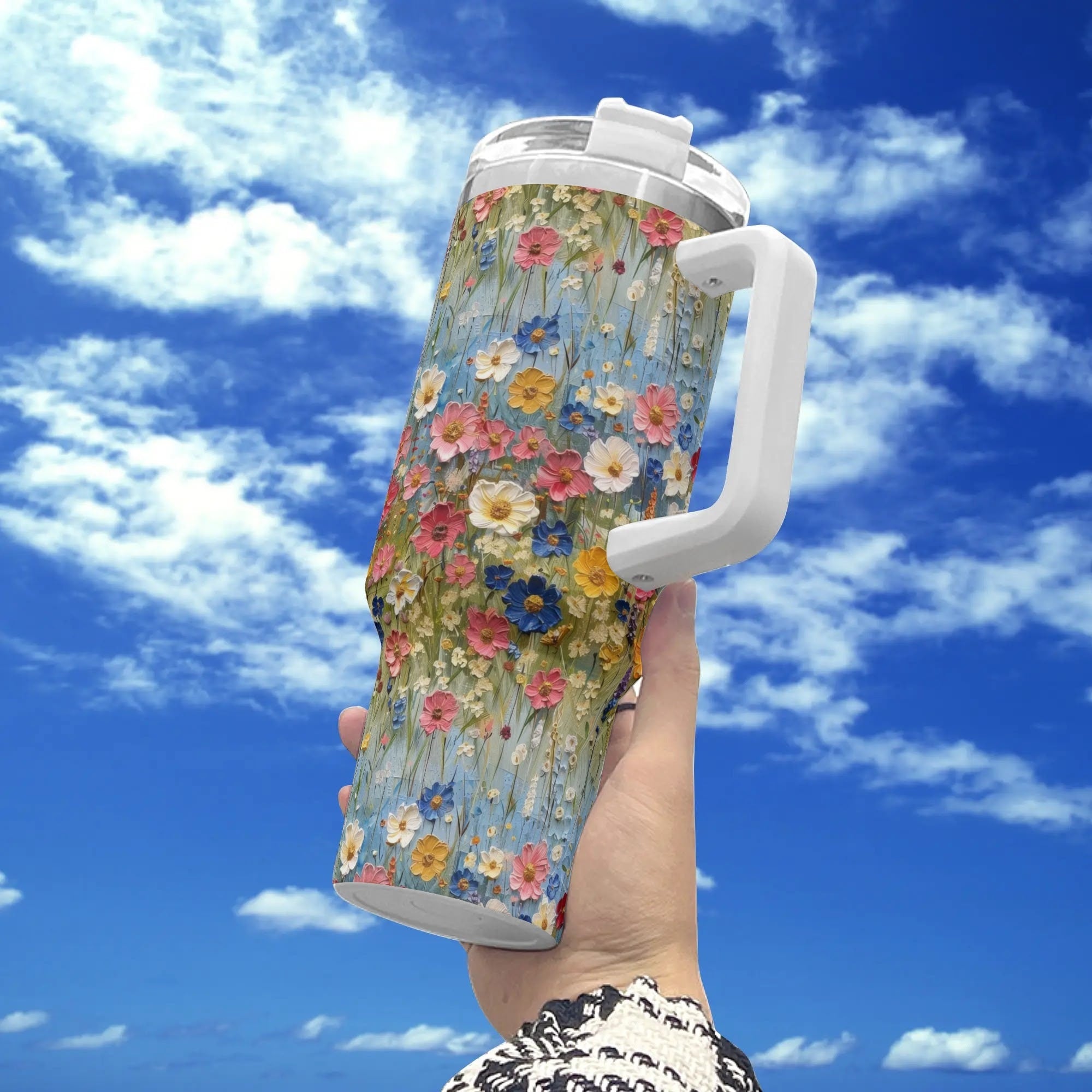 Wildflowers 40oz Stainless Steel Tumbler With Handle Lid And Straw, Cottagecore Floral Drink Cup, Travel Tumbler, Fun Tumbler Gift