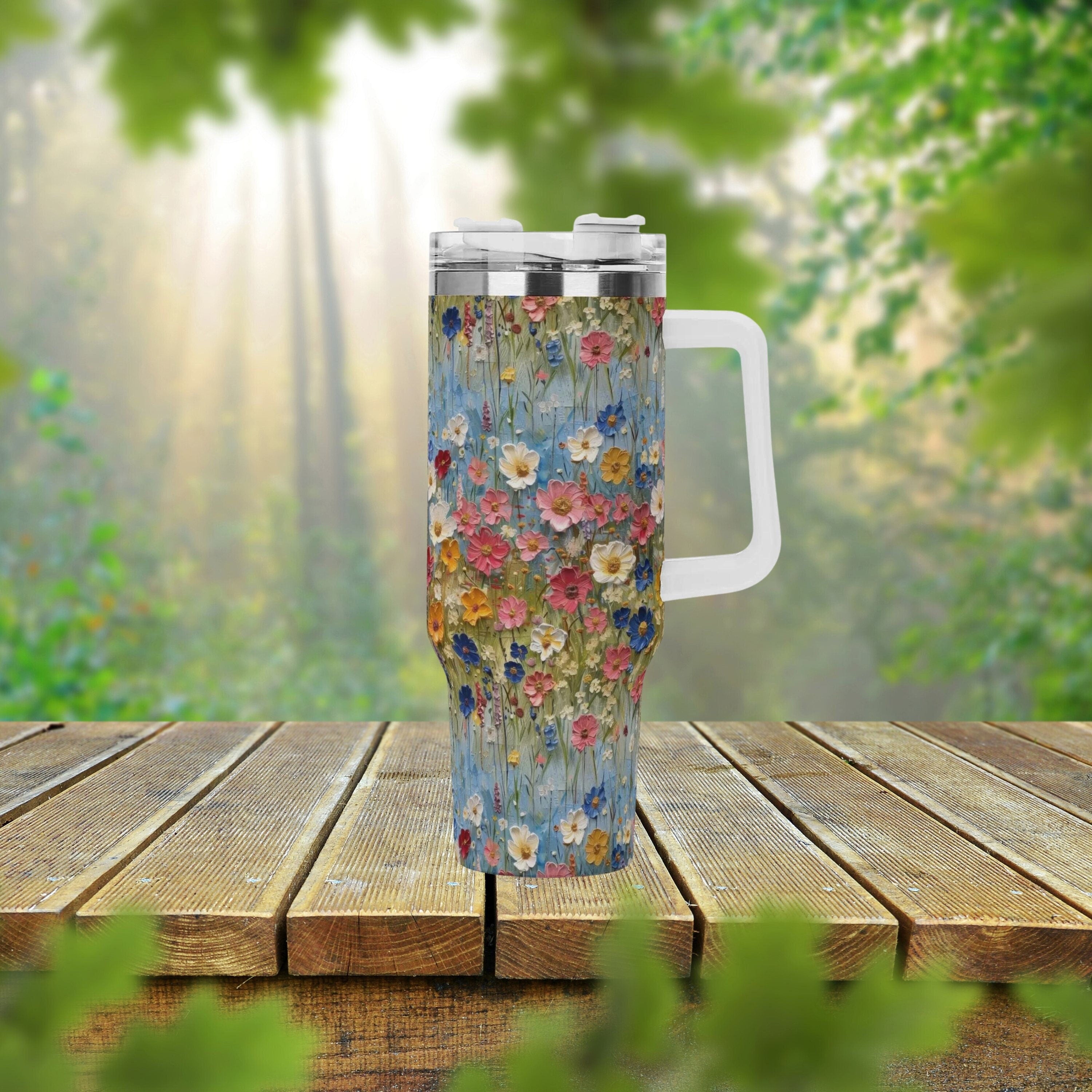 Wildflowers 40oz Stainless Steel Tumbler With Handle Lid And Straw, Cottagecore Floral Drink Cup, Travel Tumbler, Fun Tumbler Gift