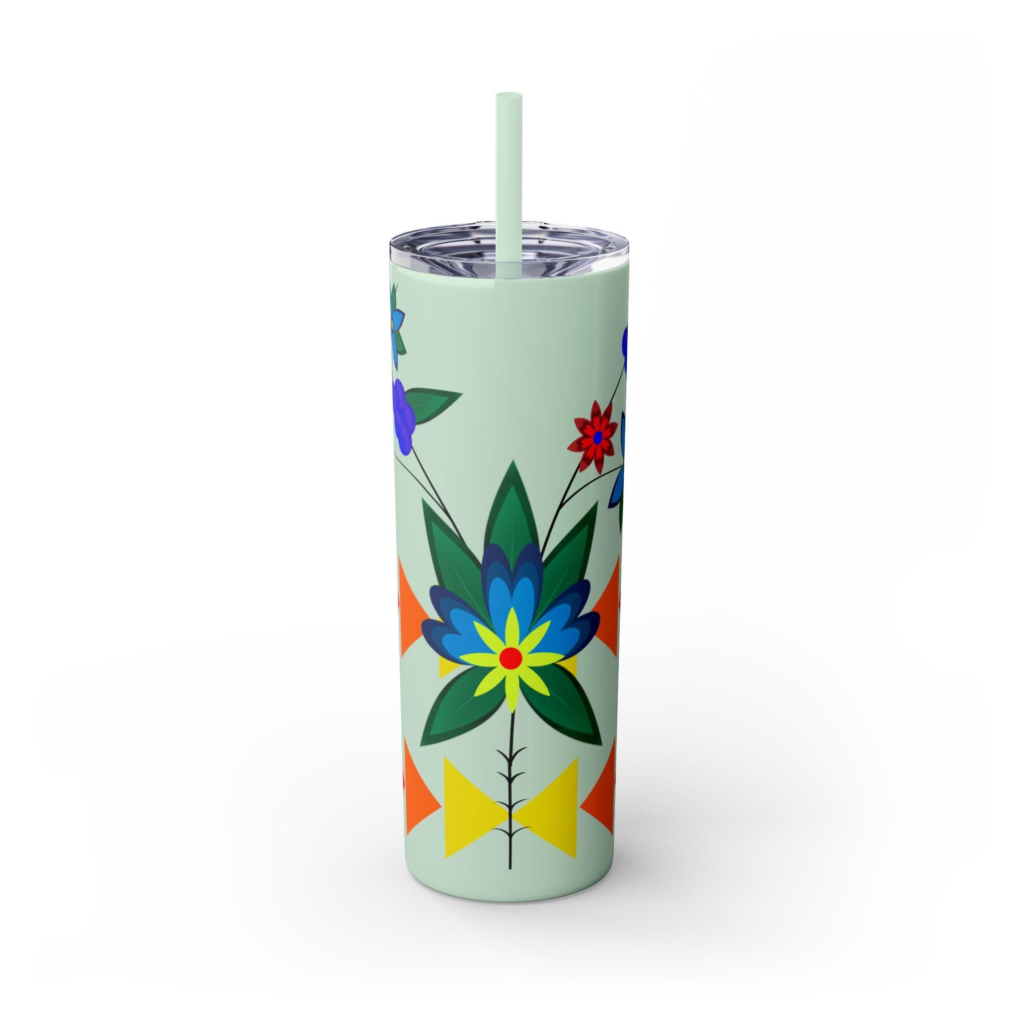 Indigenous Powwow Floral Travel Mug: Mohawk Cree Blackfoot Design