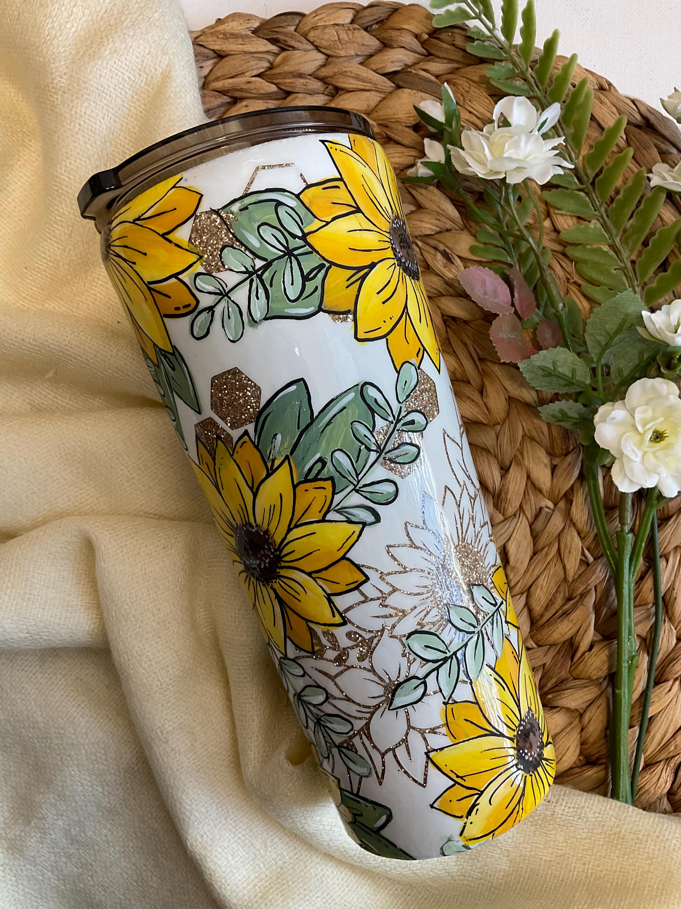Handmade Sunflower Tumbler With Glitter,stainless Steel Double Wall Cup, Hand Painted Floral Travel Mug, Unique Gift For Coffee & Tea Lovers