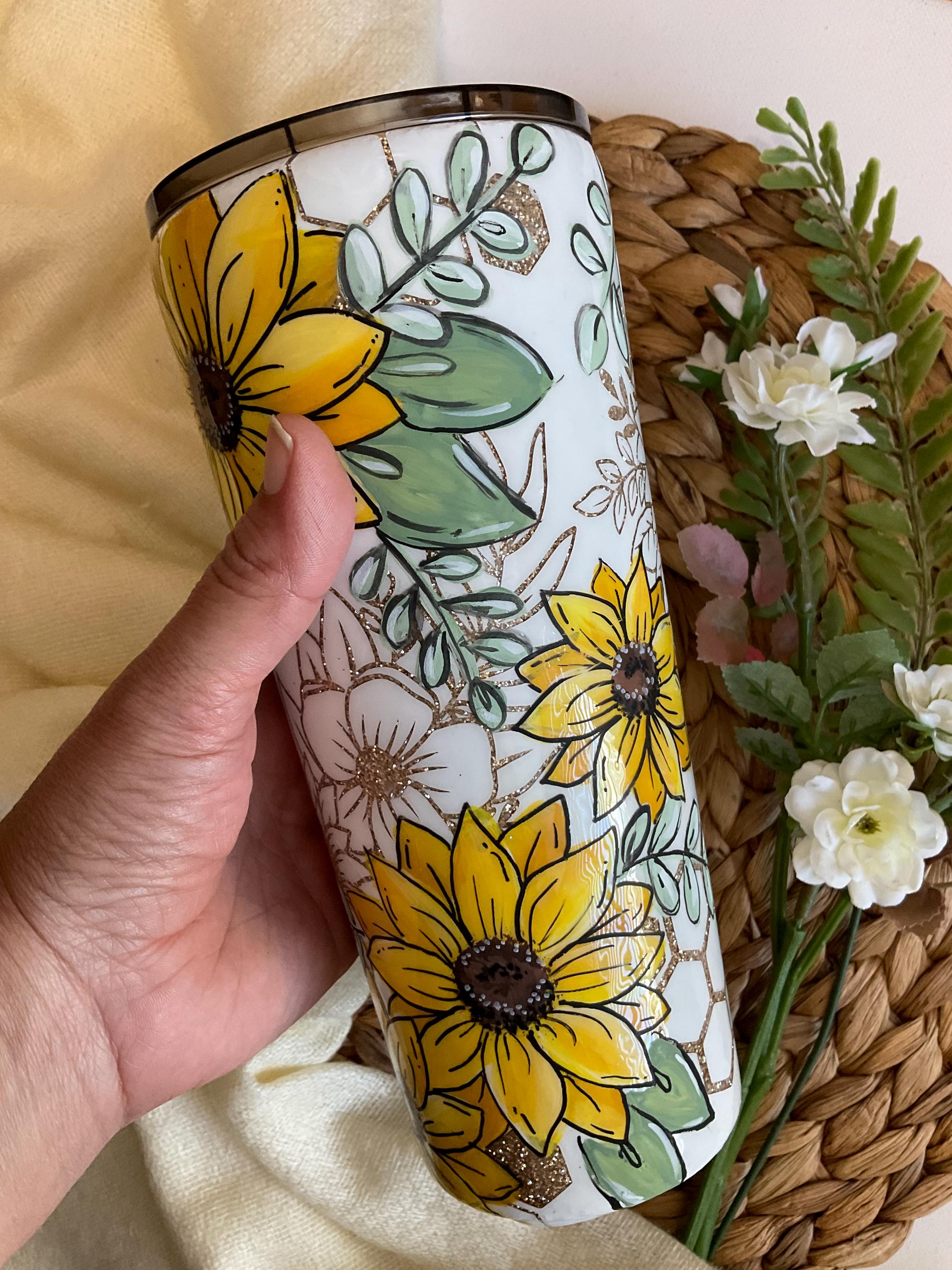 Handmade Sunflower Tumbler With Glitter,stainless Steel Double Wall Cup, Hand Painted Floral Travel Mug, Unique Gift For Coffee & Tea Lovers