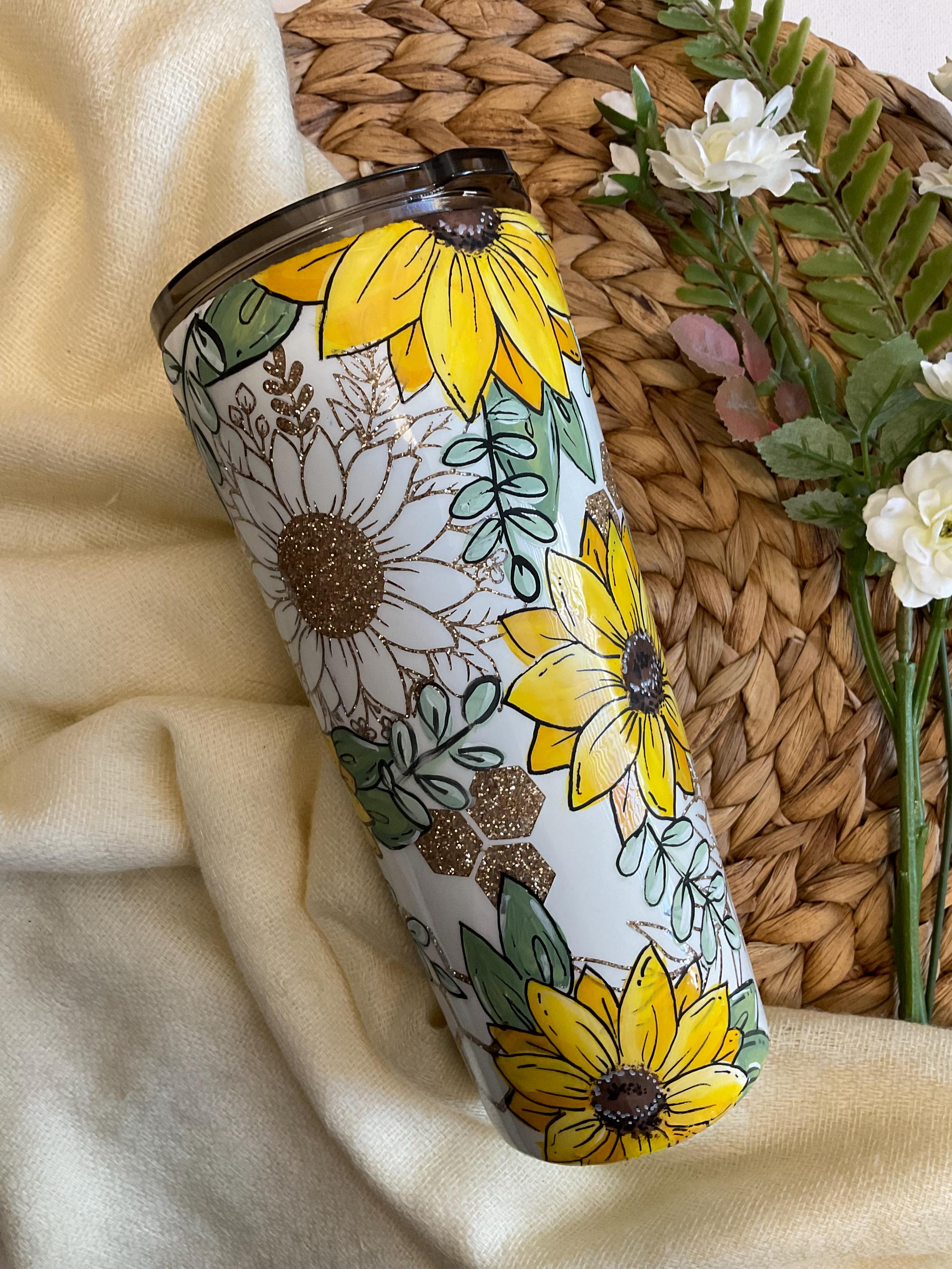 Handmade Sunflower Tumbler With Glitter,stainless Steel Double Wall Cup, Hand Painted Floral Travel Mug, Unique Gift For Coffee & Tea Lovers