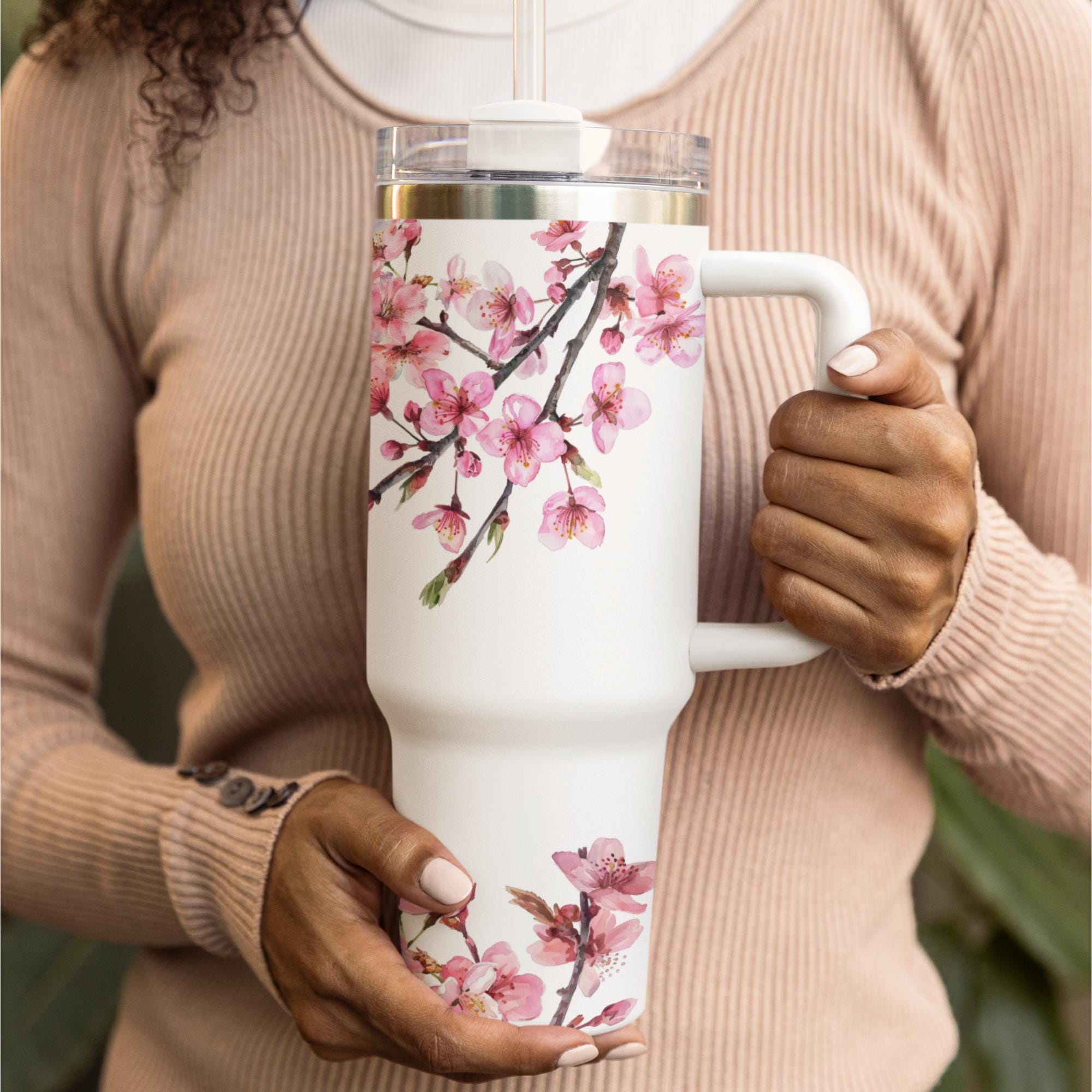 40oz Tumbler With Handle And Straw, Cherry Blossom Floral Print, Quencher-style Insulated Cup, Keeps Drinks Hot Or Cold