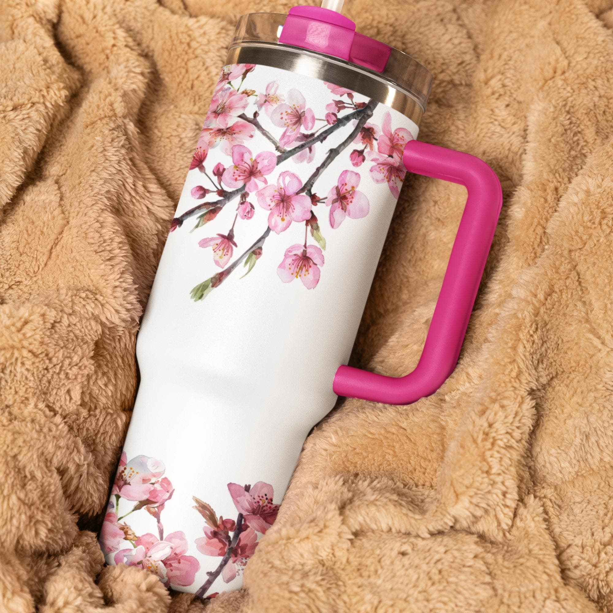 40oz Tumbler With Handle And Straw, Cherry Blossom Floral Print, Quencher-style Insulated Cup, Keeps Drinks Hot Or Cold