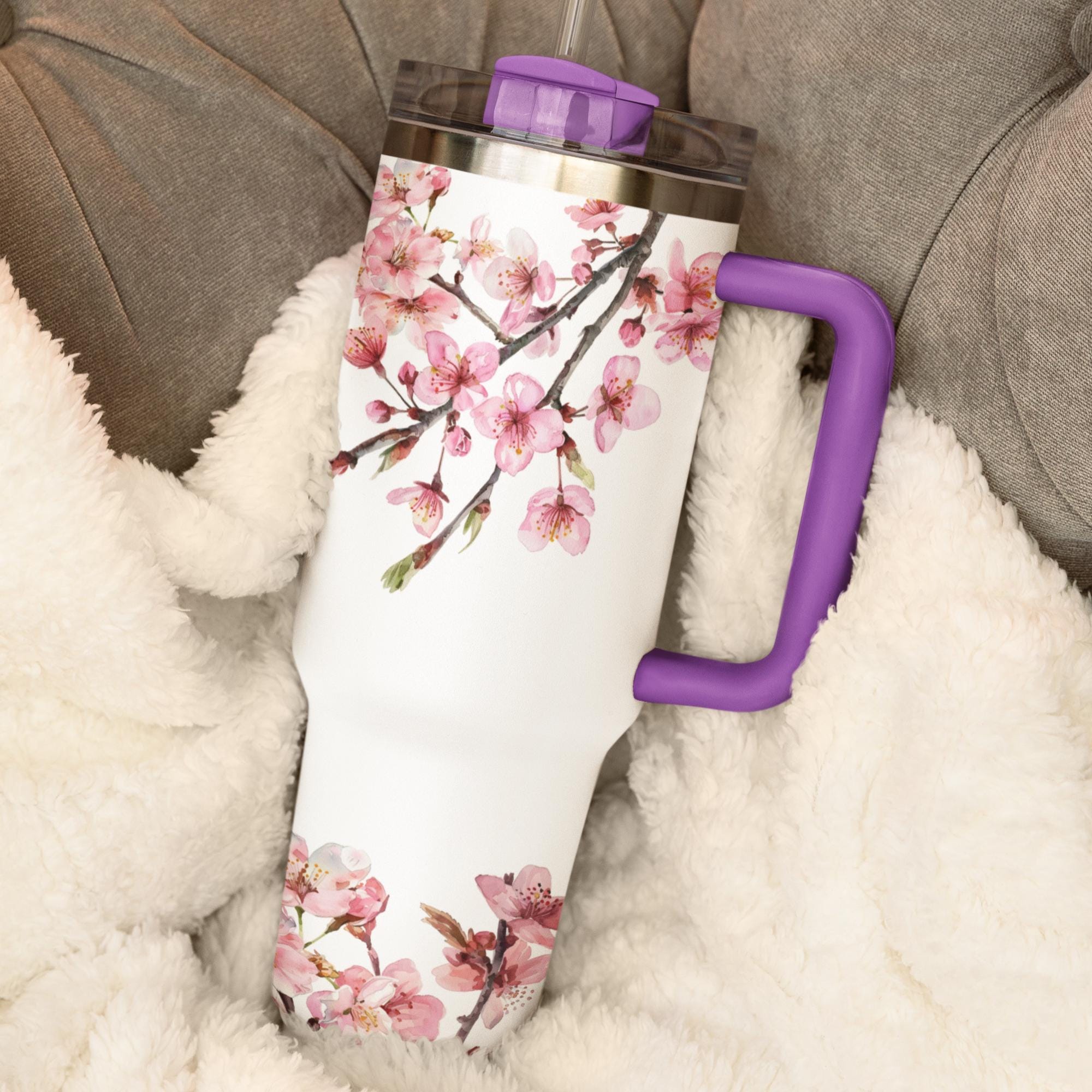 40oz Tumbler With Handle And Straw, Cherry Blossom Floral Print, Quencher-style Insulated Cup, Keeps Drinks Hot Or Cold