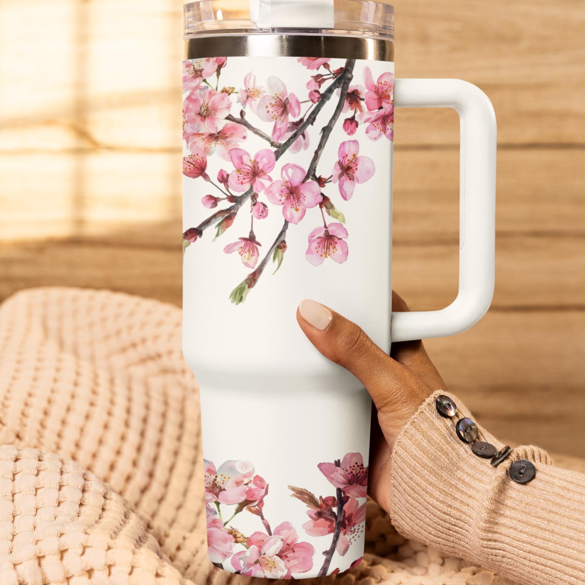 40oz Tumbler With Handle And Straw, Cherry Blossom Floral Print, Quencher-style Insulated Cup, Keeps Drinks Hot Or Cold