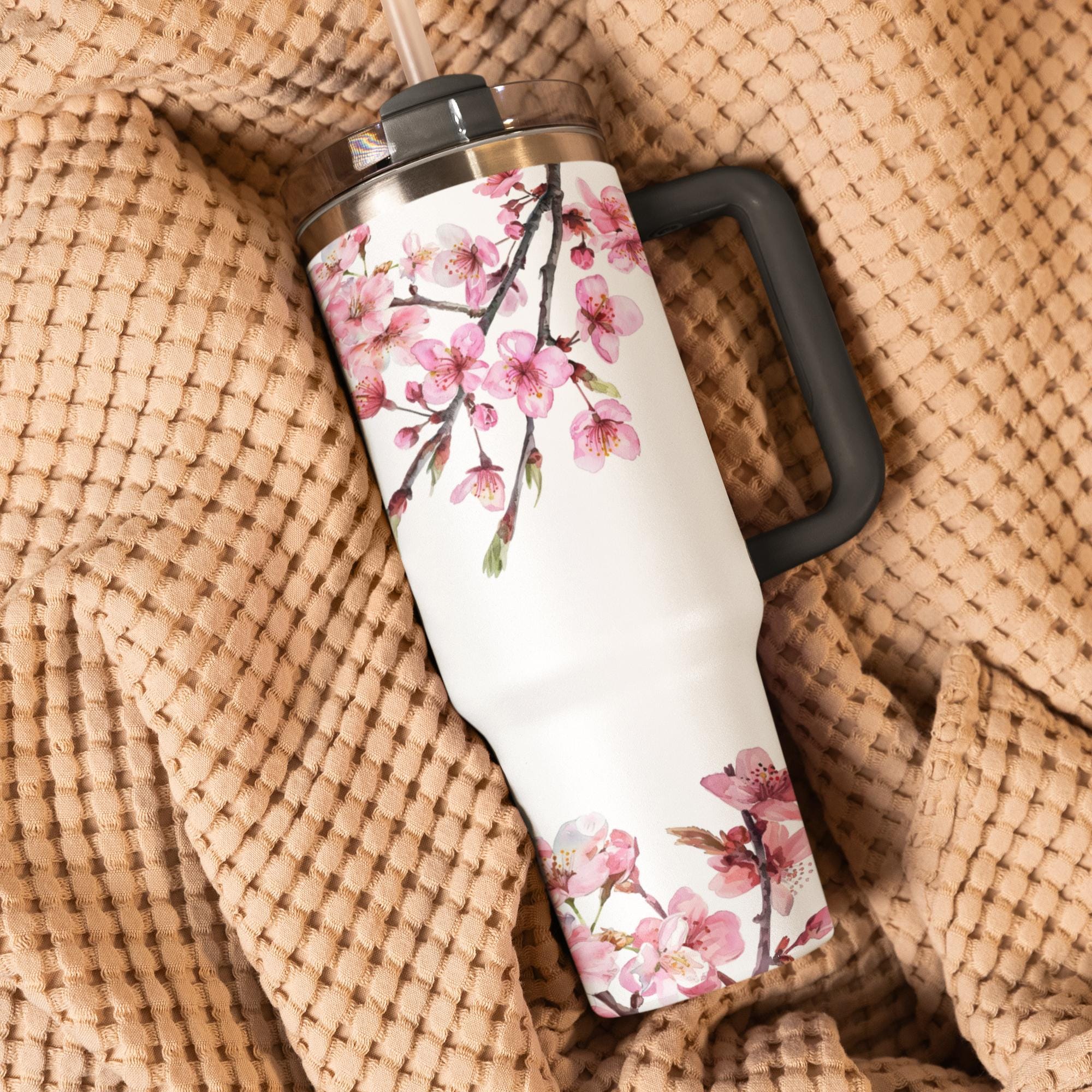 40oz Tumbler With Handle And Straw, Cherry Blossom Floral Print, Quencher-style Insulated Cup, Keeps Drinks Hot Or Cold
