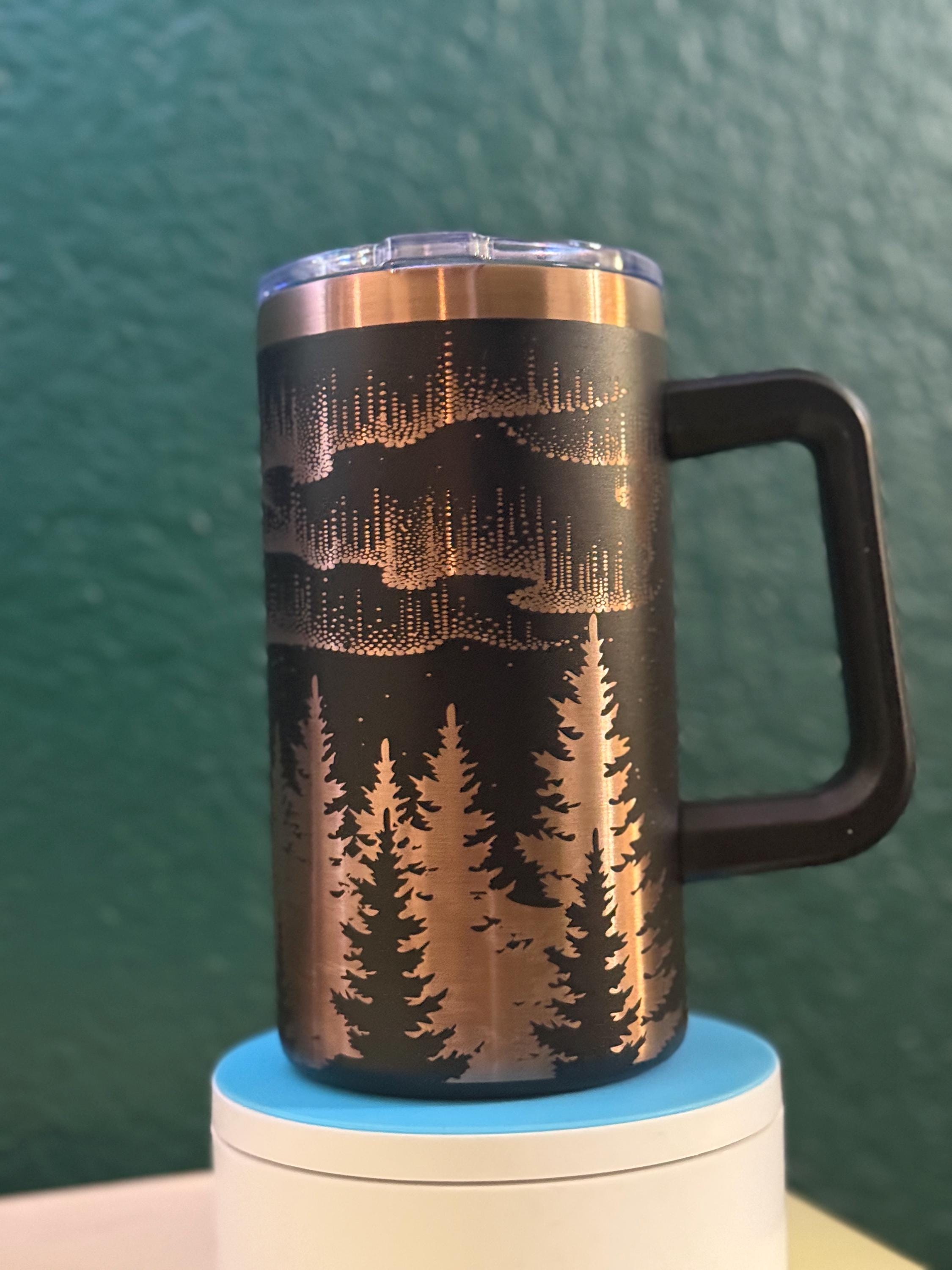Northern Lights Tumbler | Etched Forest, Copper Stainless Steel 20oz Travel Mug