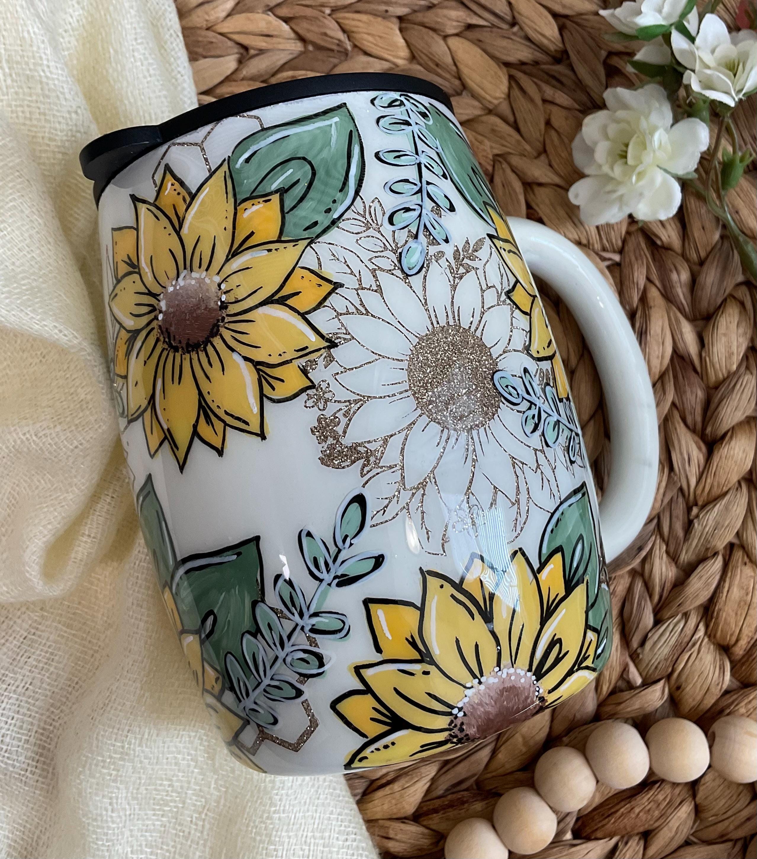 Handmade Sunflower Tumbler With Glitter,stainless Steel Double Wall Cup, Hand Painted Floral Travel Mug, Unique Gift For Coffee & Tea Lovers