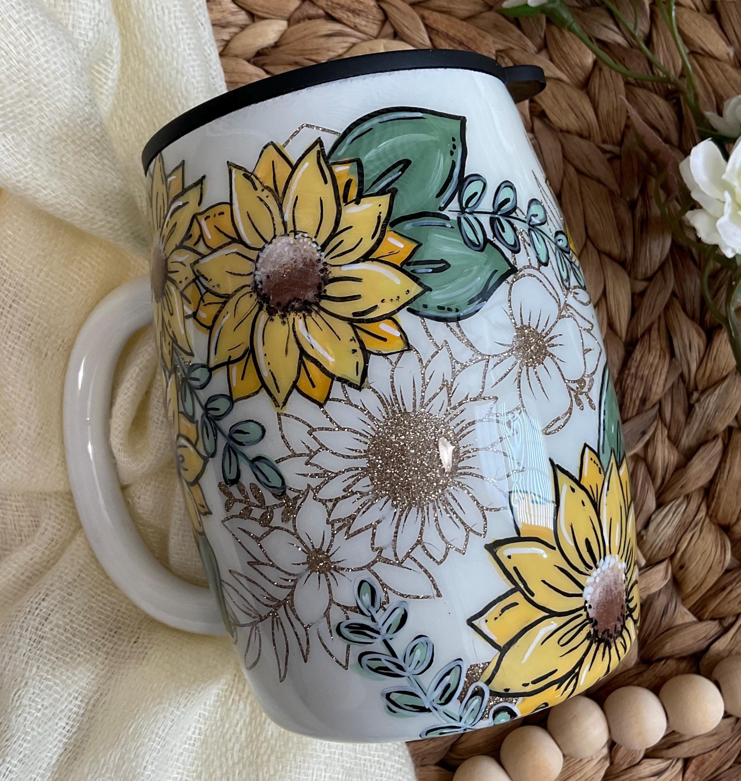 Handmade Sunflower Tumbler With Glitter,stainless Steel Double Wall Cup, Hand Painted Floral Travel Mug, Unique Gift For Coffee & Tea Lovers