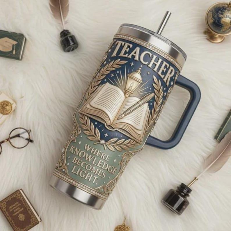Teacher Stainless Steel Tumbler With Handle, Where Knowledge Becomes Light Mug, Teacher Appreciation Gift, Insulated Travel Cup