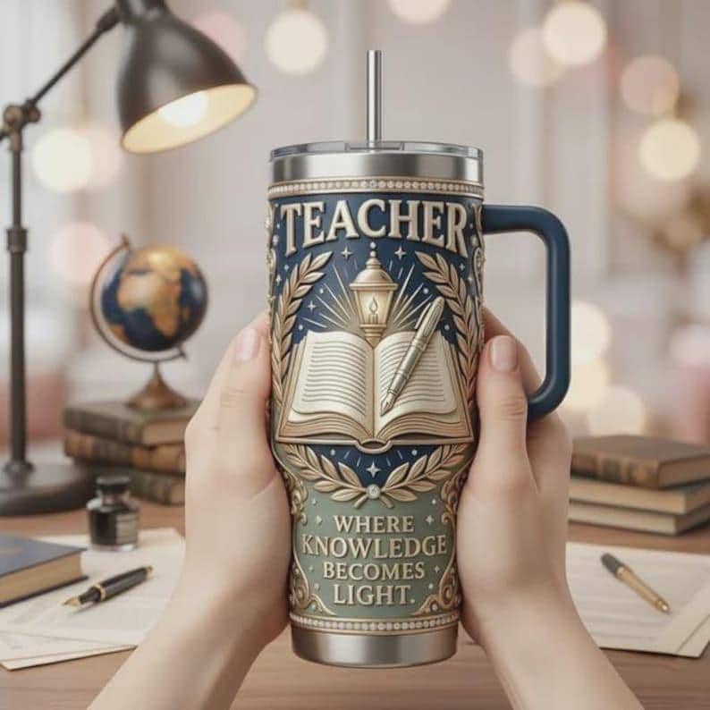 Teacher Stainless Steel Tumbler With Handle, Where Knowledge Becomes Light Mug, Teacher Appreciation Gift, Insulated Travel Cup