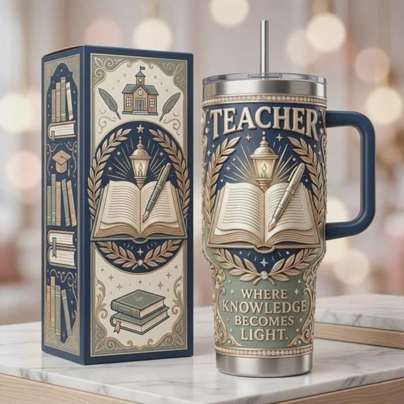 Teacher Stainless Steel Tumbler With Handle, Where Knowledge Becomes Light Mug, Teacher Appreciation Gift, Insulated Travel Cup