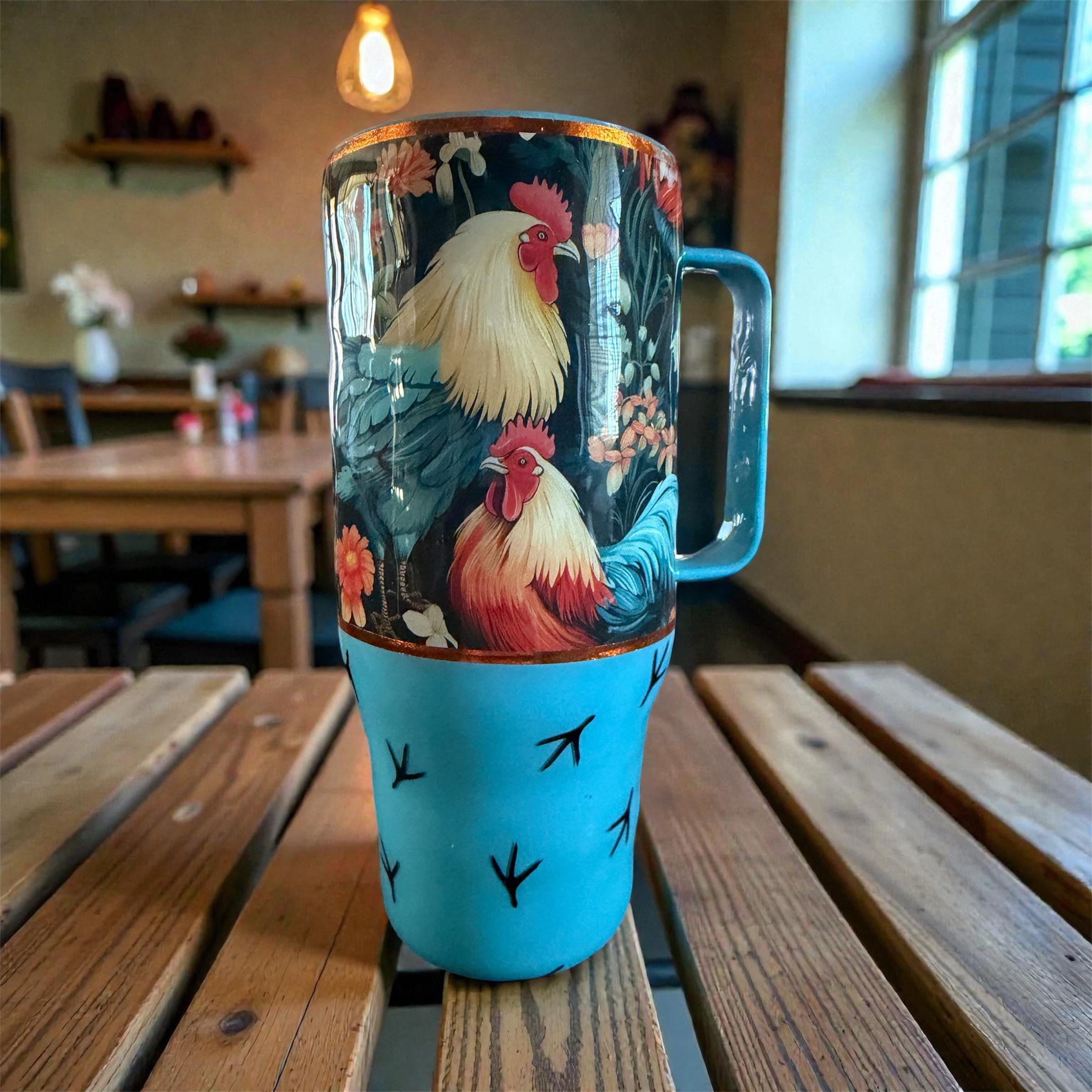 22 Oz. Country Rooster Stainless Steel Tumbler | Farmhouse Floral | Handmade Drinkware