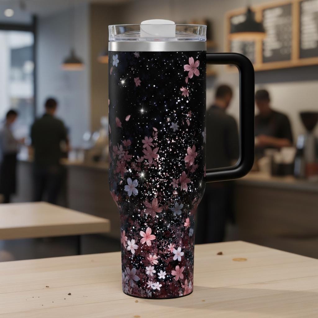 Sakura Stardust Insulated Tumbler, Cherry Blossom Travel Mug, 40oz