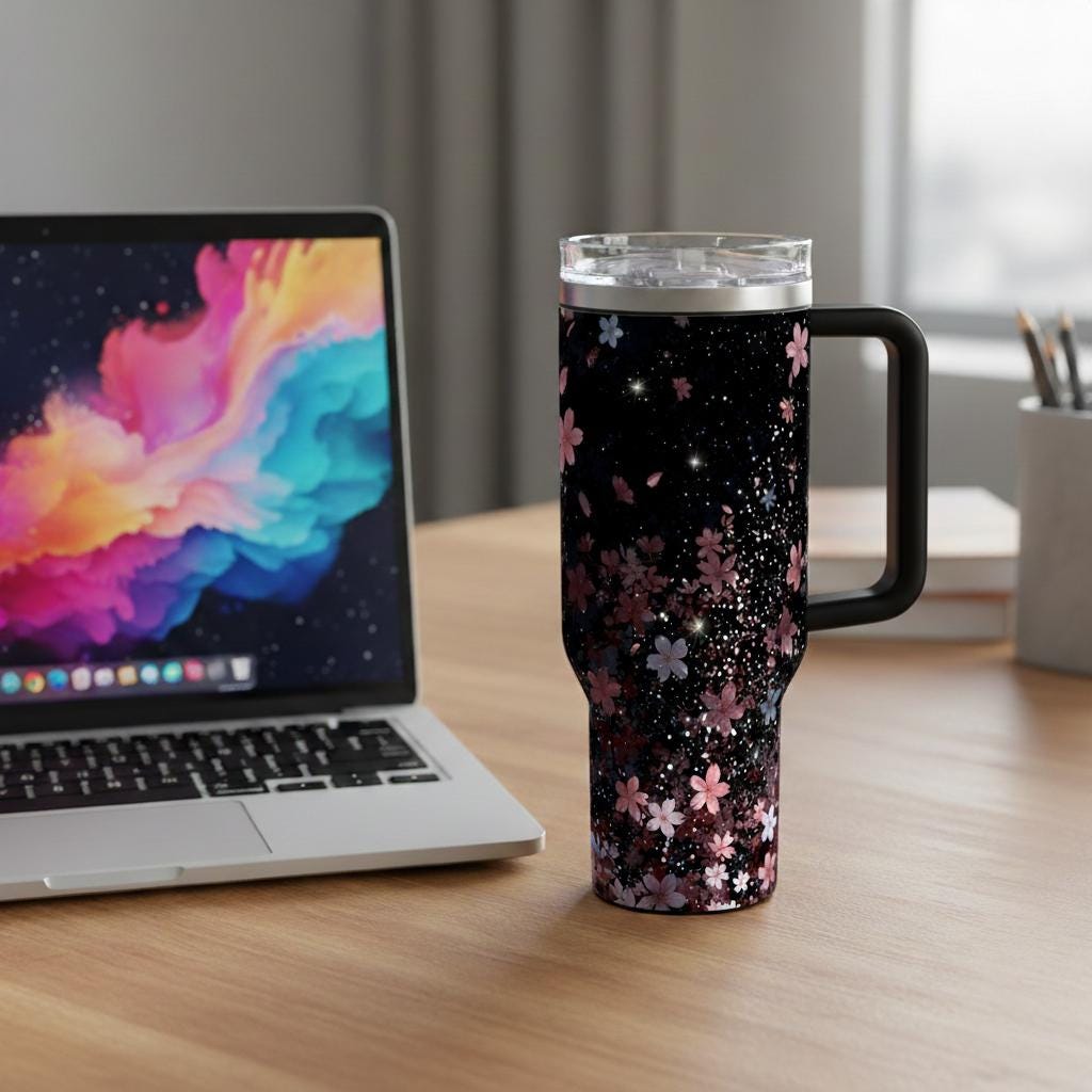 Sakura Stardust Insulated Tumbler, Cherry Blossom Travel Mug, 40oz