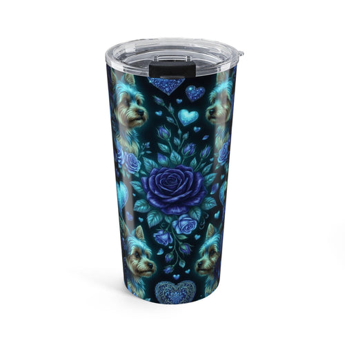 Blue Rose And Yorkie Pattern Tumbler 20oz | Floral Heart Motif